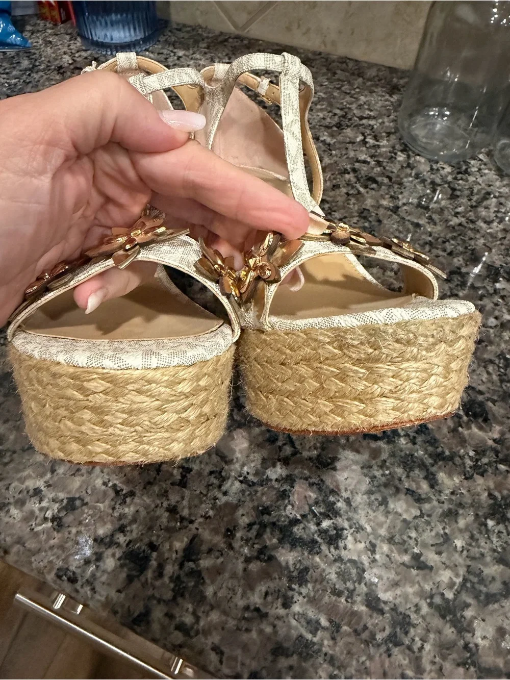 Michael Kors Beige Logo T-Strap Wedge heels - Size 9.5